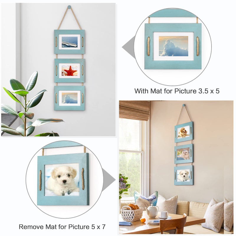DLQuarts 5x7 Hanging Picture Frames Collage Wall Decor, Photo Frames 5x7 Without Mat & 3.5x5 with Mat, Rustic Wood 3-Frame, Ocean Blue, 2-Pack - Image 3